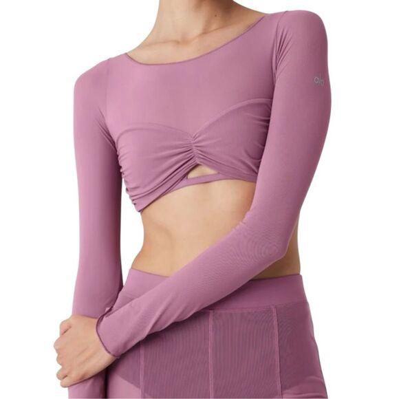 NWT Alo Yoga Mauve Mesh Sheer Illusion Cropped Long Sleeve Top Women's Large - Picture 1 of 11